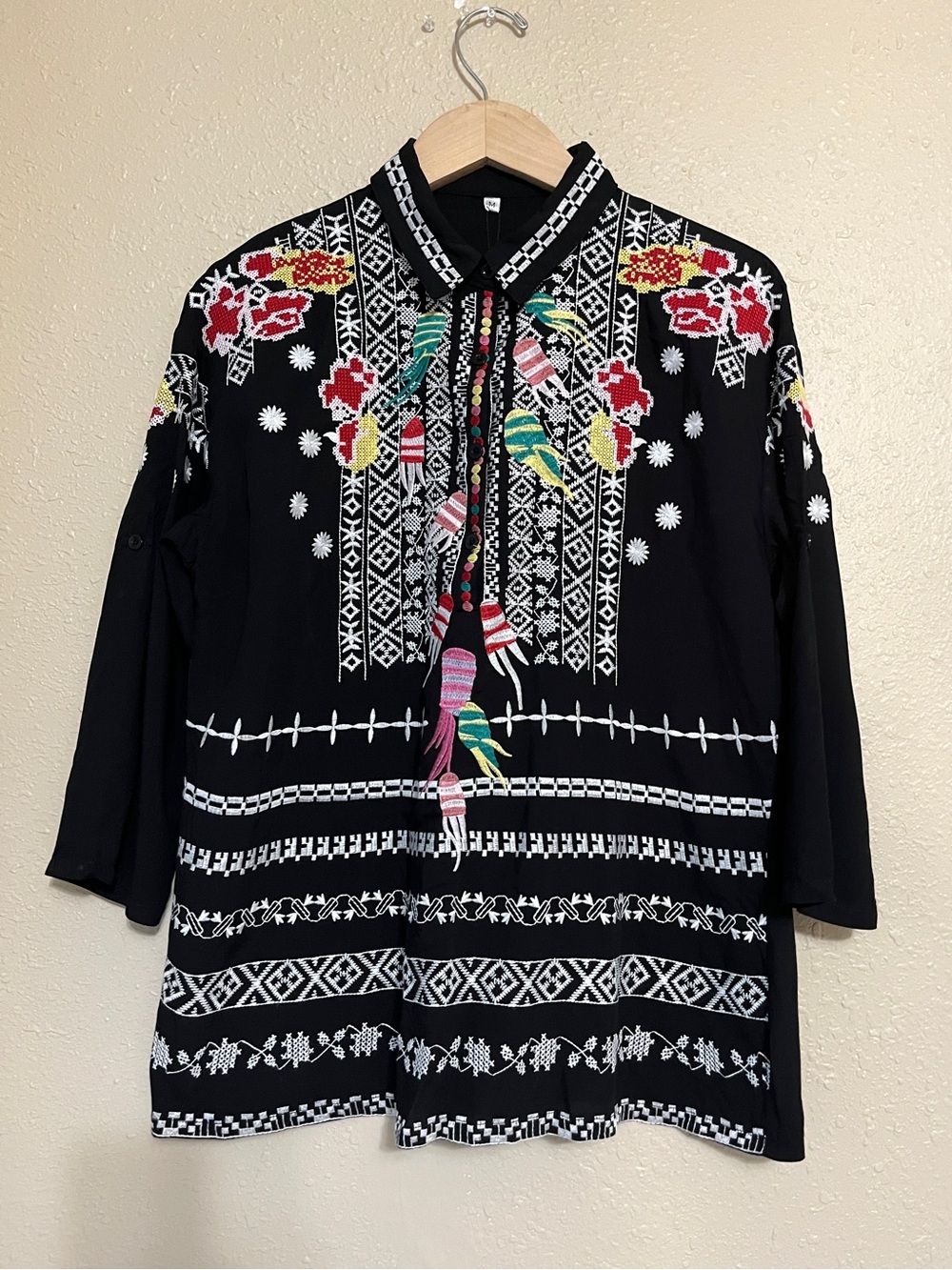 NWT AK Black Embroidered BohoMexican Floral Tunic Sheer Blouse Sz M